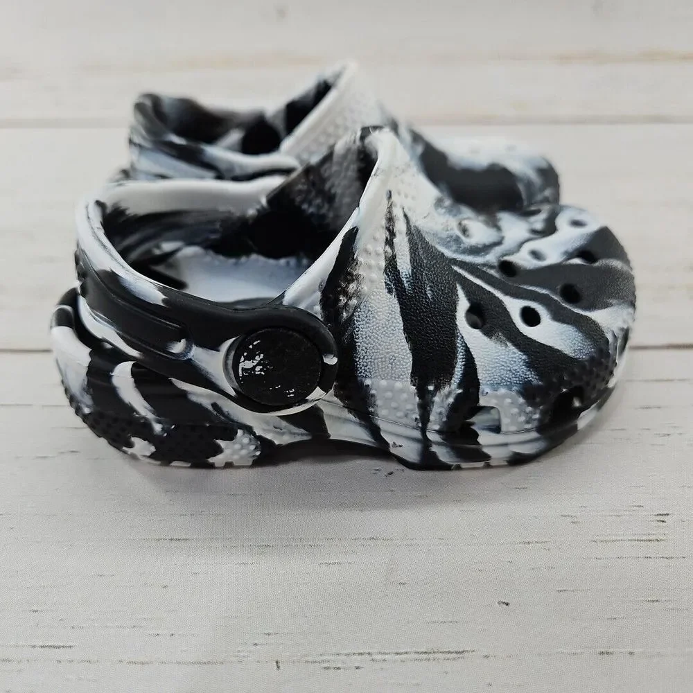 Crocs Classic Marbled Clogs C4 Black White Toddler Slip On Shoes 207002‎